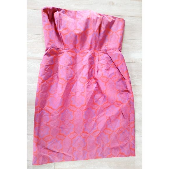 J.Crew 12 Strapless Mini Dress Pink Orange Purple Silk Cotton Pckts Lined Zip Up - Picture 1 of 7